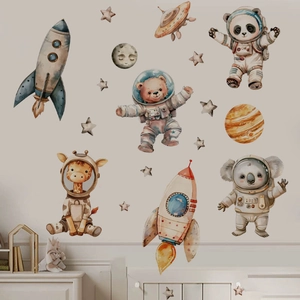 Space exploration wall decals featuring watercolor animals in astronaut suits for kids room