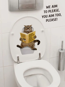 Funny reading cat toilet seat sticker featuring a tabby cat with a motivational book