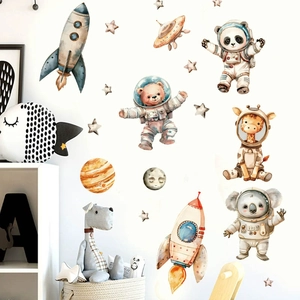 Space-themed watercolor wall stickers with cartoon animals, astronauts, and planets