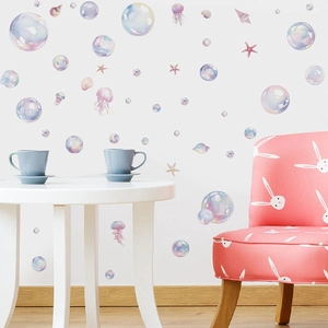 Pastel watercolor ocean wall stickers with bubbles and sea creatures for kids room decor