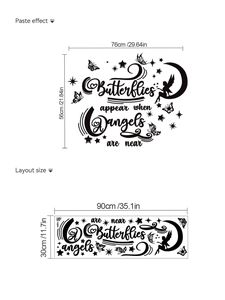 Detailed wall sticker layout and dimensions featuring moon, butterflies and fairy