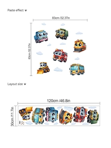 Detaillierte Layout- und Klebeformate für das Cartoon-Fahrzeug-Wandsticker-Set