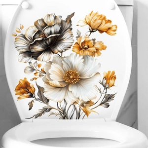 Elegant floral PVC wall stickers for toilet lid decoration in ivory and gold tones