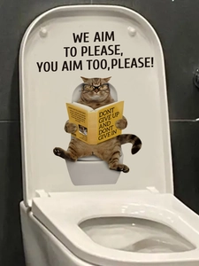 Funny cat reading book on toilet wall sticker with humor quote for bathroom decor