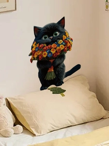 Süßer schwarzer Katzen-Wandtattoo mit bunten Wildblumen für Schlafzimmerwände
