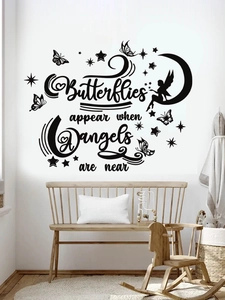 Detail of wall decal showing black fairy and butterfly silhouette with English quote