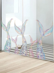 Detail of macaron gradient mermaid tail wall stickers with gold glitter for bathroom decor