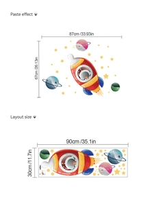 Tableau des tailles détaillé pour stickers muraux espace avec dimensions de pose