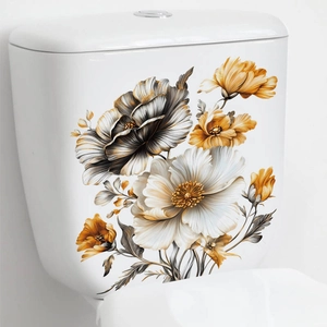 Floral toilet tank sticker with vintage yellow and white flowers for home wall decor