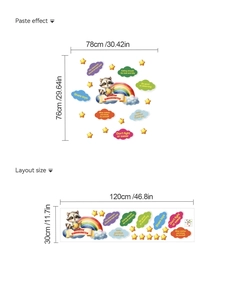 Detail showing cartoon panda and rainbow wall decal layout and paste effect dimensions