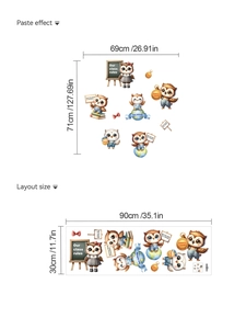 Detailed wall sticker layout and paste effect dimensions for owl themed classroom decor