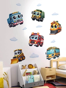 Detailansicht bunter Cartoon Fahrzeug Wandsticker an einer weißen Kinderzimmerwand