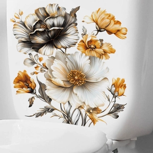 Self-adhesive peony flower wall stickers in warm orange and grey for home decor