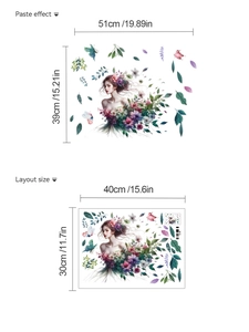 Détail montrant la taille de mise en page et l'effet mural du sticker fleurs fille