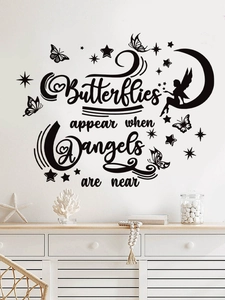 Detail of PVC wall sticker with black butterfly fairy and inspirational English quote