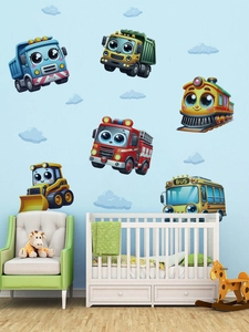Detailansicht der Wandaufkleber mit bunten Zeichentrick-Fahrzeugen im Kinderzimmer-Design