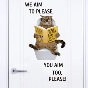 Funny cat reading on toilet wall sticker with humor quote for bathroom decor
