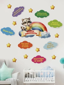 Close-up of educational panda stickers with rainbow and classroom rules for nursery decor