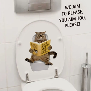 Funny tabby cat reading on toilet wall sticker for bathroom decor in waterproof PVC