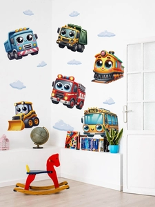 Detail von Cartoon Fahrzeug Wandstickern mit blauem Kipper und gelbem Bagger an einer Wand
