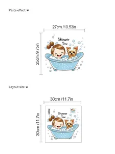 Detailed sizing chart for cartoon girl and dog shower wall sticker with paste dimensions