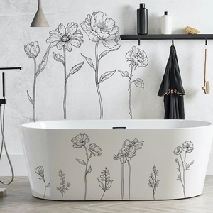 Black Line Art Flower Wall Sticker Removable PVC Minimalist Botanical Floral Decals For Bathroom Bathtub Living Room Decor