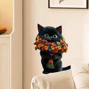 Niedlicher schwarzer Katzen-Wandaufkleber mit bunten Gänseblümchen für das Wohnzimmer