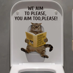 Funny cat reading on toilet wall sticker with humor slogan for bathroom decoration