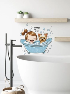 Macro detail of cartoon girl and puppy bath wall sticker applied on a modern bathroom wall