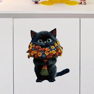 Niedliche schwarze Katze mit Gänseblümchen Wandtattoo für die Heimdekoration im Schlafzimmer