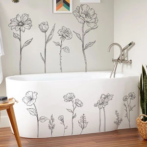 Minimalist black floral line art wall stickers for bathtub and bathroom wall decor
