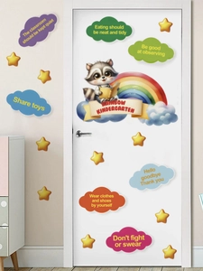Detail of cartoon panda and rainbow wall stickers with educational quotes for nursery decor