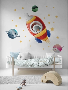 Vue détaillée de stickers muraux espace avec une fusée de dessin animé et des planètes