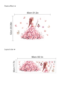 Detailed layout showing the dimensions and pasting effect of the pink fairy wall decal