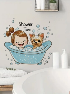 Detail of cartoon girl and puppy bath wall sticker with blue bubbles and Shower Time text