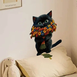Süßer schwarzer Katzen-Wandaufkleber mit Gänseblümchen-Strauß für die Inneneinrichtung