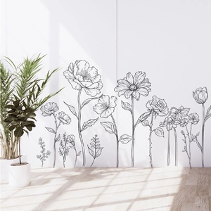 Black line floral wall stickers featuring minimalist peonies and roses for home wall decor