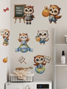 Detailed view of colorful cartoon owl wall decals with inspirational class rules quotes