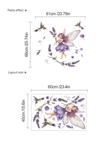 Dettaglio adesivo murale fata viola e lavanda con dimensioni del layout e dell'effetto finale