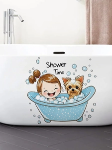 Detail of waterproof bathroom wall sticker with cartoon girl and dog in bathtub