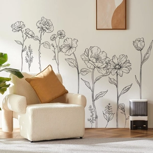 Minimalist black floral line art wall decals for modern living room bedroom decoration