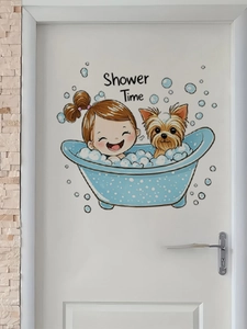 Detailed view of Shower Time cartoon girl and dog bath wall sticker on a white door