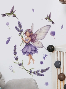Adesivo murale fata acquerello dettagliato con vestito viola, lavanda e colibrì