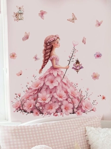 Detail of pink floral petal dress girl wall sticker with butterflies for kids room
