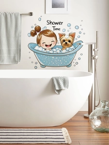 Close-up of Shower Time wall sticker with cartoon girl and puppy in a bathroom setting