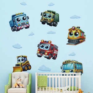 Cartoon Baufahrzeug Wandtattoo für Kinderzimmer mit LKWs und Zügen Motiven