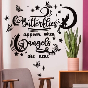 Black butterfly wall decal with fairy and angels quote for living room decor