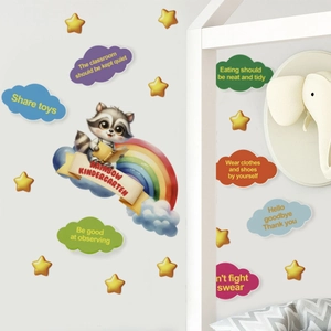 Cartoon panda and rainbow wall decal for kids bedroom with educational reward clouds