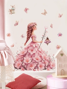 Detail of pink butterfly girl wall sticker with watercolor floral dress in a cozy room