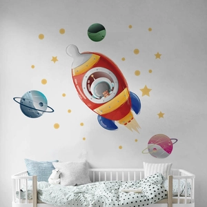 Stickers muraux fusée spatiale et planètes pour décoration murale chambre d'enfant